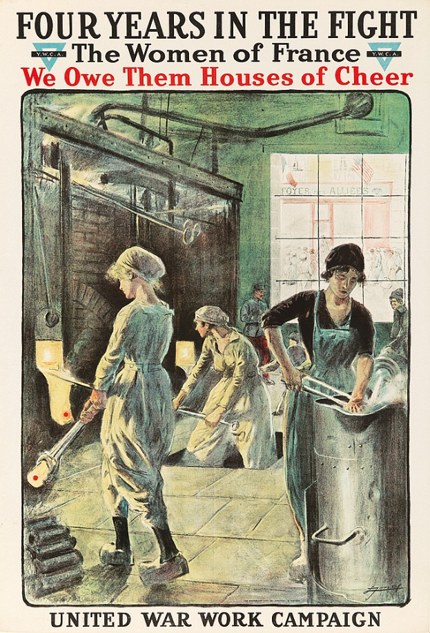 Ein Plakat mit vier entschlossenen Frauen in einer Reihe und dem Text "Wir schulden ihnen Häuser der Freude" oben, das die Stärke und Resilienz der Frauen Frankreichs symbolisiert.