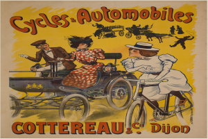 Plakat wirbt für Fahrräder und Automobile in Cottereau und Dijon, Frankreich, zeigt Menschen auf Fahrrädern und eine Kutsche mit "Fahrräder und Automobile" oben.
