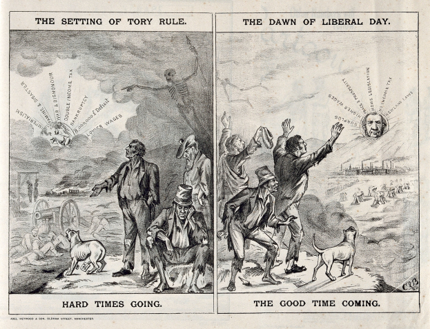 Schwarze und weiße Illustration, die eine Szene zeigt, die Tory-Regelung und den Beginn des Liberalismus kontrastiert, mit mehreren Personen, Tieren und Gegenständen.