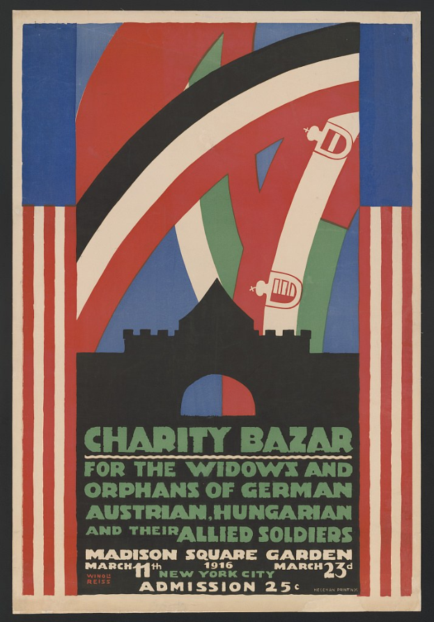 Plakat für einen Charity-Bazar zugunsten der Witwen und Waisen deutscher, australischer, ungarischer und alliierter Soldaten mit Ereignisinformationen im Text.