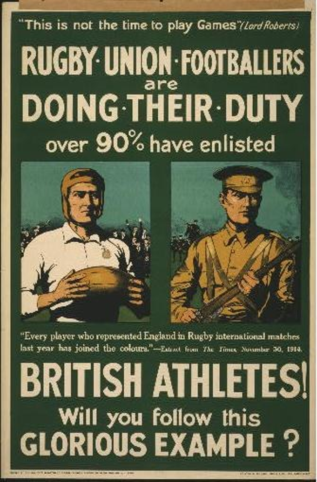 Rekrutierungsposter der britischen Armee mit zwei Rugbyspielern in Uniform.
