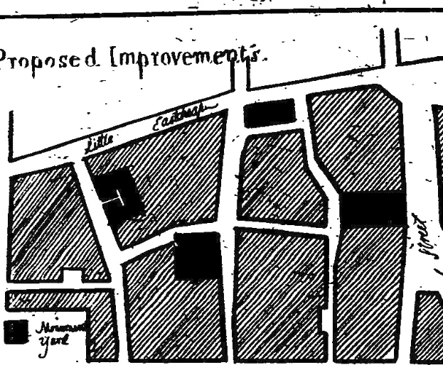 Eine Schwarz-Weiß-Detailkarte einer Stadt mit der Aufschrift "Vorgeschlagene Verbesserungen", die Straßen, Gebäude und Sehenswürdigkeiten zeigt.
