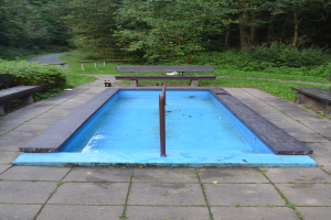 Ein kleiner Parkteich mit B├Ąnken, Grünfläche und einem zentralen Pfahl, umgeben von einer Straße und Bäumen.