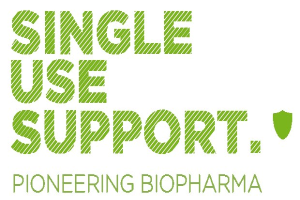 Weißer Hintergrund mit fettgrünem Text, der "single use support pioneering biopharma" liest