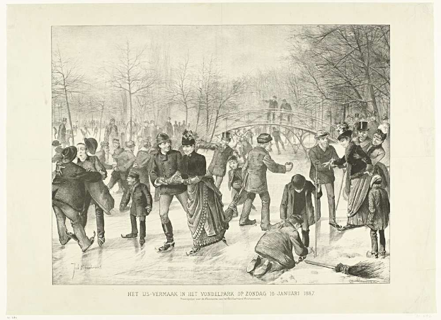 Gruppe von Menschen beim Eislaufen in einem Park mit Bäumen und einer Brücke im Hintergrund, mit Text unten, der "Het us-vermaak in het vondelpark op zondag 10 januari 1887" lautet.