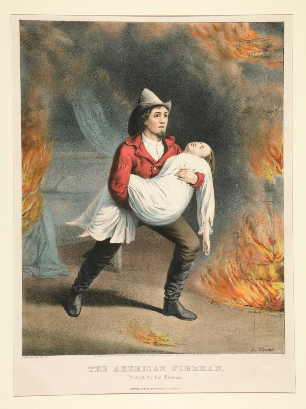 Amerikanischer Feuerwehrmann trägt Frau durch Feuer und Rauch, mit Text "Der amerikanische Feuerwehrmann, schnell zur Hilfe" unten.