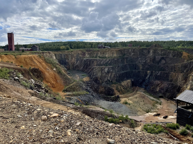 Großer Tagebau inmitten eines Schotterfeldes umgeben von Bäumen, Gebäuden und einem Schuppen, mit einem bewölkten Himmel und einem mit Steinen und Pflanzen bedeckten Boden.