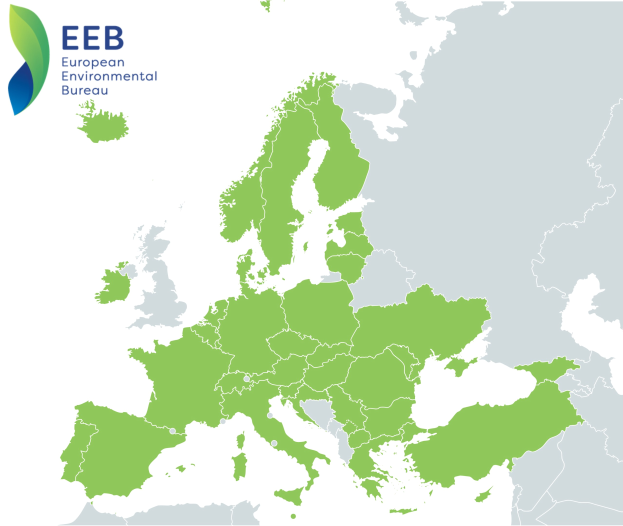 Eine Europakarte mit dem Logo des European Environmental Bureau in der linken oberen Ecke, die in verschiedenen Grünungen schattiert ist, um die EU-Regionen anzuzeigen.