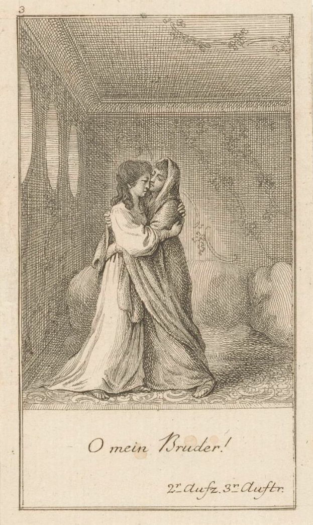 Eine Gravur eines Mannes und einer Frau, die sich in einem Raum umarmen, mit der Inschrift "O mein Bruder" unten, ihre Gesichter nah beieinander und die Arme umeinander geschlungen, mit sanftem Licht von einem Fenster auf die Szene.