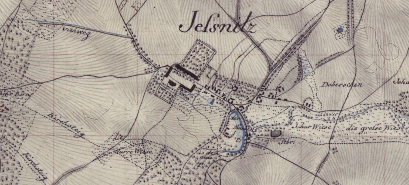 Alte detaillierte Karte von Jelsnitz, Deutschland, mit einem Gebäude in der Mitte und umgeben von Text und Straßenlayout.