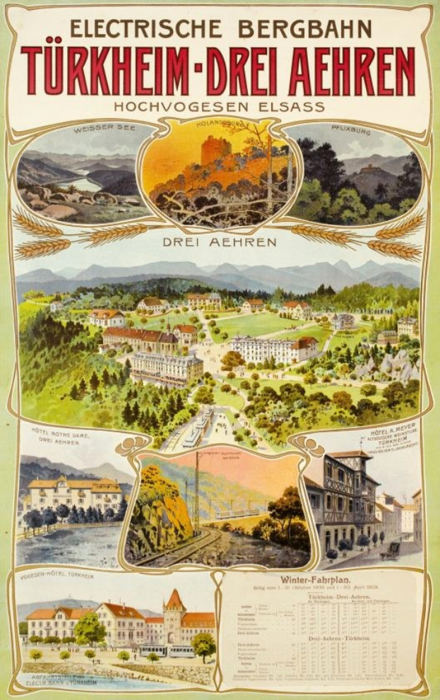 Plakat bewirbt Bergbahn, Deutschland als elektrischen Stadtstaat, zeigt Bilder von Gebäuden, Bäumen, Hügeln und Text.