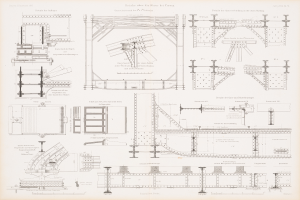Ein detailliertes Bild einer Eisenbahnbrücke in einem Buch, das ihre Bögen, Balken und andere konstruktive Merkmale zeigt, mit begleitendem Text zur Beschreibung ihres Aufbaus.