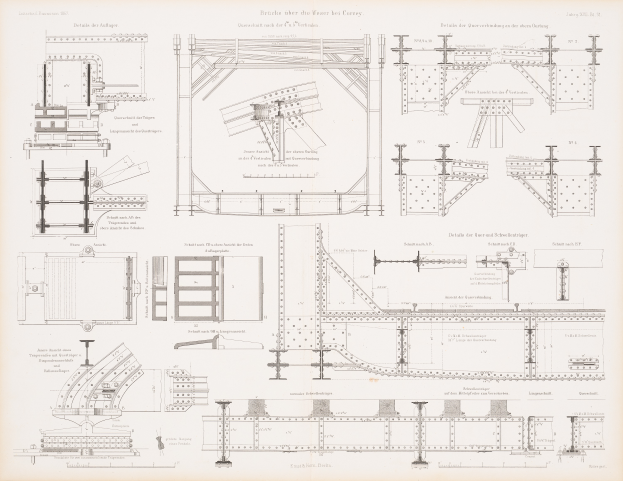Ein detailliertes Bild einer Eisenbahnbrücke in einem Buch, das ihre Bögen, Balken und andere konstruktive Merkmale zeigt, mit begleitendem Text zur Beschreibung ihres Aufbaus.