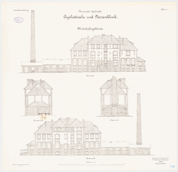 Eine Zeichnung eines mehrstöckigen Gebäudes mit zahlreichen Fenstern und einem prominenten Schornstein, das als psychiatrische Klinik in Deutschland identifiziert wurde, begleitet von handgeschriebenem Text auf demselben Papier.