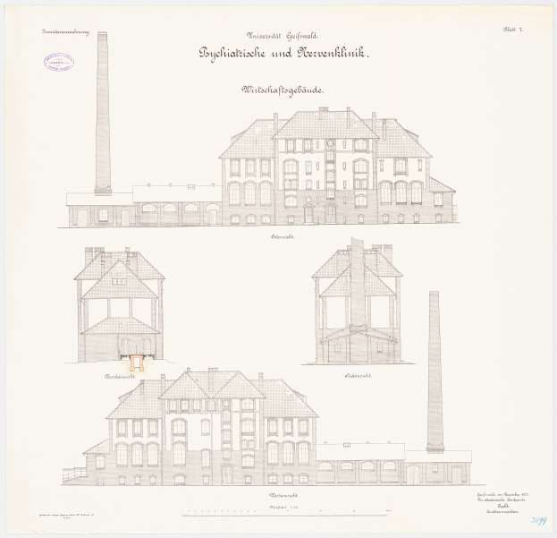 Eine Zeichnung eines mehrfenstrigen Gebäudes mit einem Schornstein, das mutmaßlich ein Psychiatriekrankenhaus in Deutschland ist, begleitet von Text, der weitere Informationen liefert.