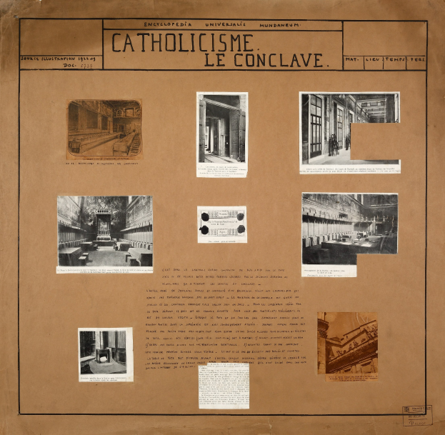 Ein Buch mit Bildern und Texten, die die Geschichte der katholischen Kirche darstellen, einschließlich Bildern von ihren Räumen, Fluren und erhaltenen Artefakten.