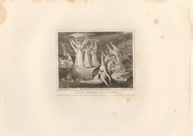 Schwarz-weißer Stich mit dem Titel 'Aaron Staying the Plague', der verzweifelte Menschen in einem Feld unter einem tiefblauen Himmel mit untergehender Sonne zeigt.