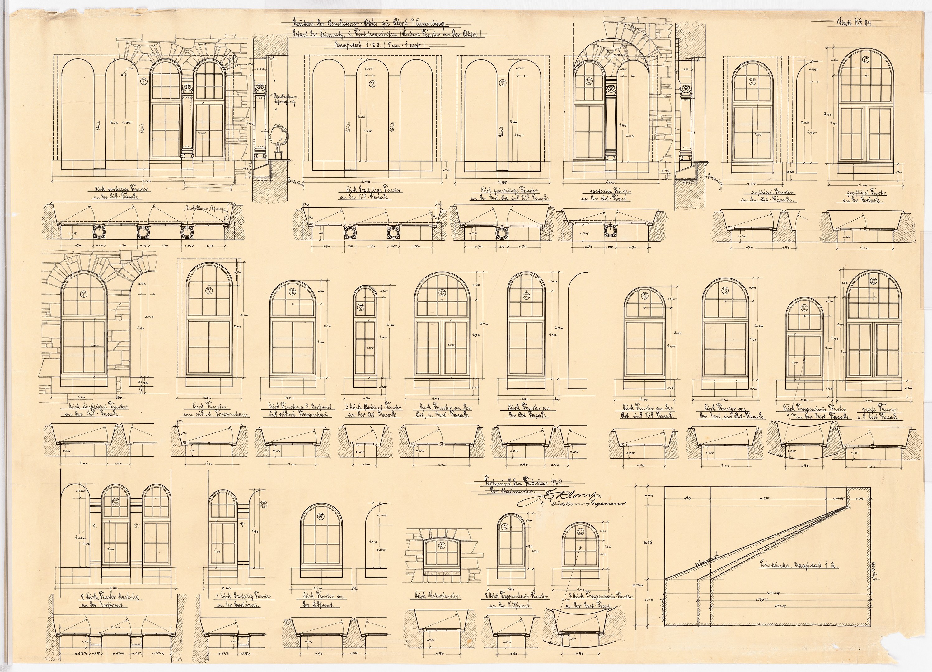 Schwarz-weiß-Architekturzeichnungen verschiedener Fenster und Türen aus einer Buchseite, begleitet von beschreibendem Text.
