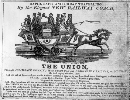 Schwarze-weiße Zeitungsanzeige der Gewerkschaft, die eine Kutsche zeigt, die eine Gruppe von Menschen trägt, mit Text, der das Ereignis beschreibt.