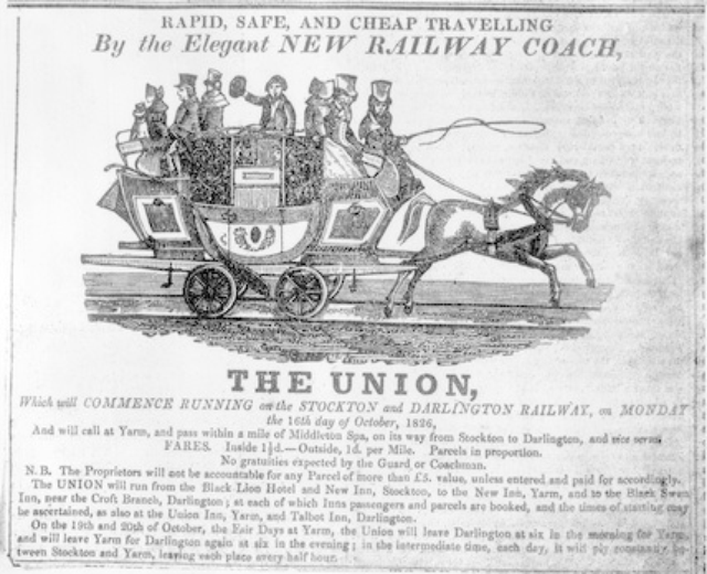 Schwarze-weiße Zeitungsanzeige der Gewerkschaft, die eine Kutsche zeigt, die eine Gruppe von Menschen trägt, mit Text, der das Ereignis beschreibt.