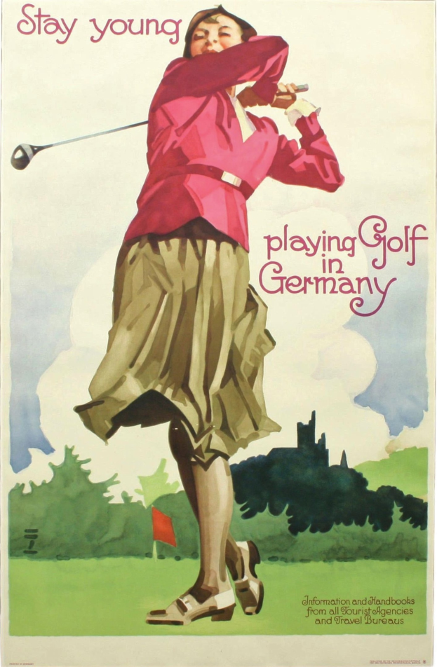 Ein Plakat mit einer Frau, die einen Golfschläger auf einem deutschen Golfplatz hält, mit einer Fahne und Bäumen im Hintergrund und Text, der Informationen über den Golfplatz enthält.