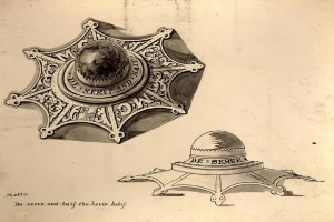 Eine Zeichnung eines Polizeisterns auf Papier, der ein Schild mit einem Stern, einem Lorbeerkranz und einer Krone zeigt, beschriftet mit "Polizeistern".