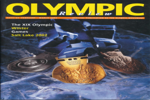 Ein Buch mit dem Titel "Olympic Review Magazine" und mehreren Medaillen in verschiedenen Größen und Farben sowie fett gedrucktem Text auf dem Cover.