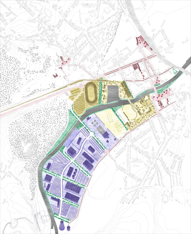 Vorgeschlagener Lageplan für die neue Stadt London, eine farbcodierte Karte, die verschiedene Stadtgebiete zeigt.