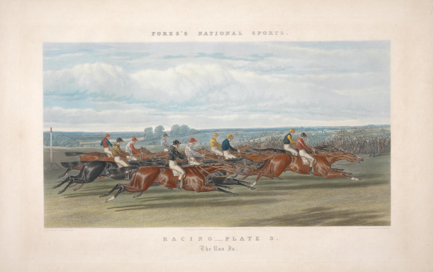 Gemälde von Reitergruppen auf einer Rennbahn mit Bäumen und Wolken im Hintergrund, mit der Beschriftung "Rennbahn-Platte 3: Der Lauf 3" unten.