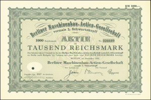 Altes deutsches Aktienzertifikat mit schwarzem und grünem Rand, das den Text enthält, dass es von der deutschen Regierung ausgegeben wurde.