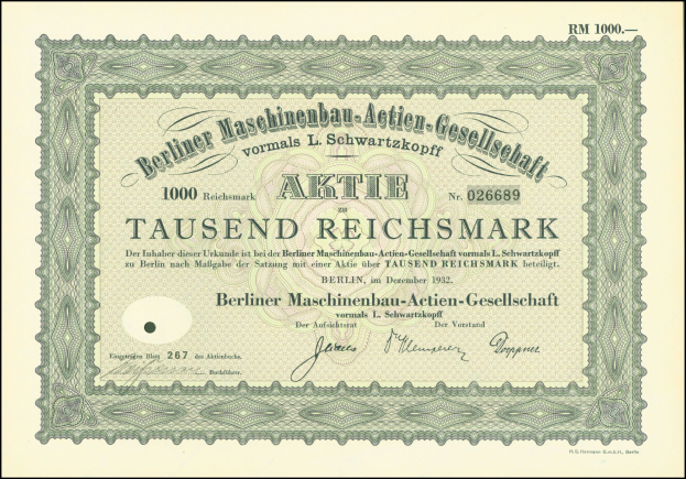 Altes deutsches Aktienzertifikat mit schwarzem und grünem Rand, das den Text enthält, dass es von der deutschen Regierung ausgegeben wurde.