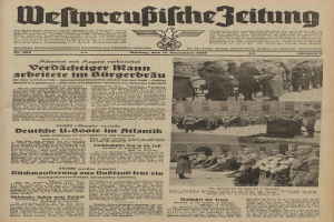 Schwarz-weißer Titelseite einer deutschen Zeitung vom 13. November 1939 mit der Schlagzeile "Weitpreubliche Zeitung" und einem Foto von Menschen in traditioneller deutscher Tracht in einer feierlichen Atmosphäre.
