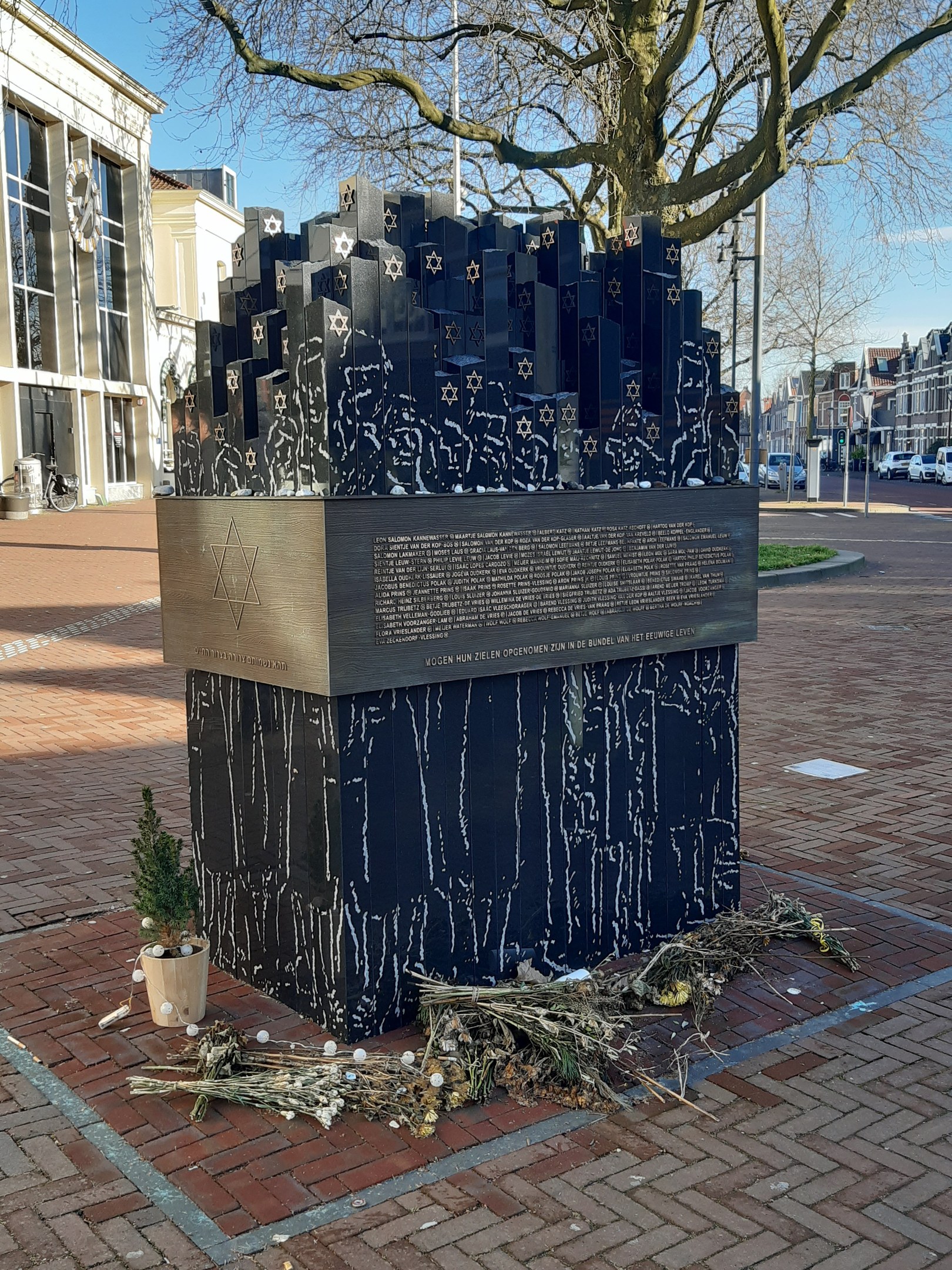 Mahnmal für Holocaust-Opfer in einem Stadtplatz mit einem Baum, Topfpflanze, verstreuten Blättern und städtischem Hintergrund mit Gebäuden, Fahrzeugen und Bäumen.