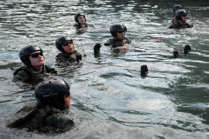 Eine Gruppe von Menschen in Helmen und Schwimmbrillen schwimmt in ruhigem, klarem Wasser unter strahlendem Sonnenschein in die gleiche Richtung.