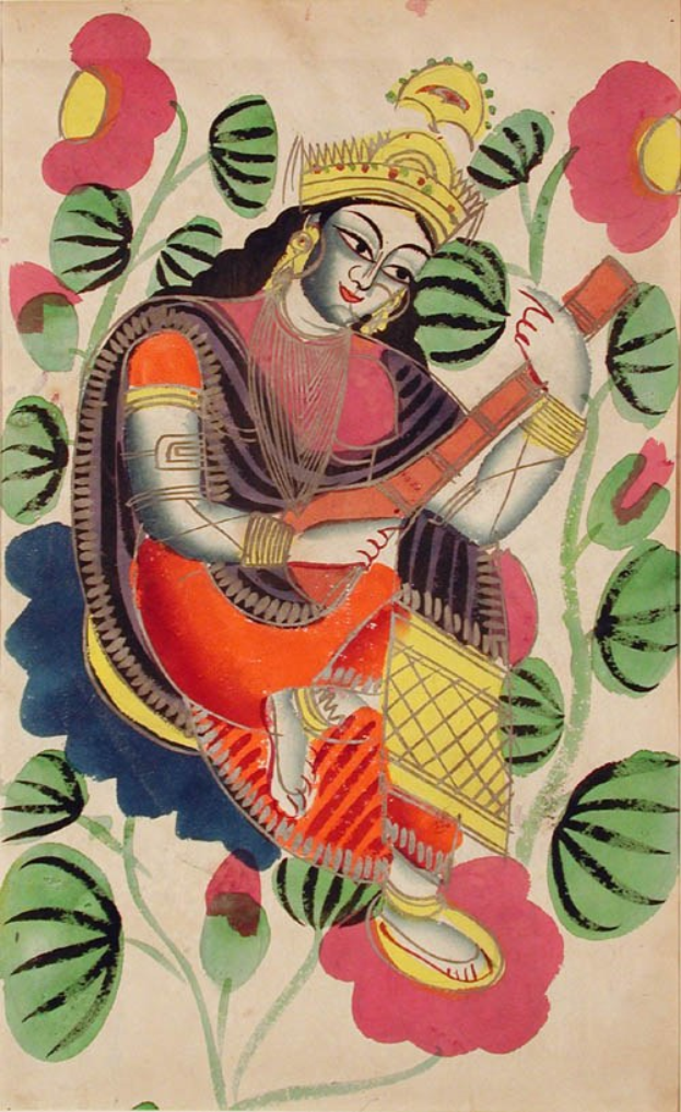 Gemälde einer Frau in einem farbenfrohen Kleid, die ein Saiteninstrument spielt und die Augen geschlossen hat, umgeben von blühenden Blumen und Blättern.