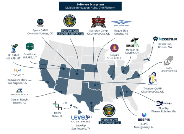 Eine Karte der Vereinigten Staaten mit Unternehmenslogos und Text, die die Standorte des Software-Ökosystems anzeigt.