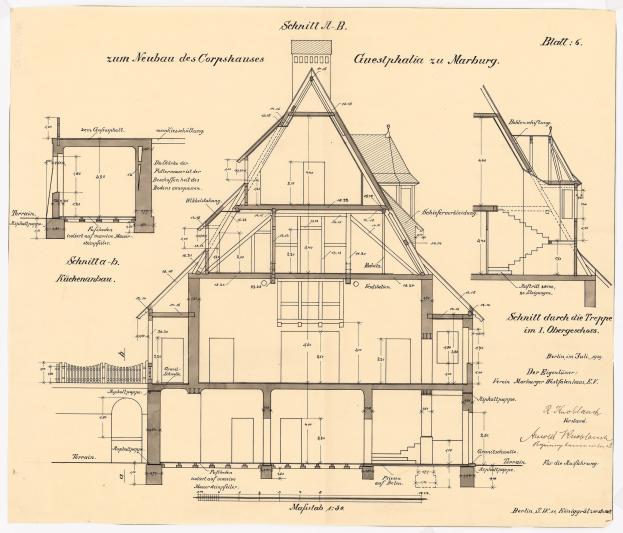 Ein detailliertes architektonisches Zeichnung eines Hauses mit zahlreichen Fenstern und einem Dach, das als erstes Haus in Deutschland gilt, begleitet von Text und Bauplänen auf Papier.