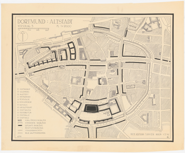 Ein detaillierter alter Stadtplan von Dortmund, Deutschland, der Stra├čen, Geb├Ąude und Sehenswürdigkeiten zeigt und textliche Informationen über die Bev├Âlkerung und den Standort liefert.