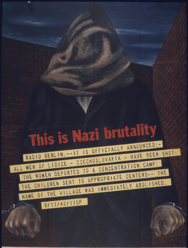 Plakat an einer Wand mit einer Person in einer schwarzen Kapuzenjacke und ernstem Gesichtsausdruck, die eine Maske trägt, Text lautet "Das ist Nazi-Brutalität" in fetten weißen Buchstaben.