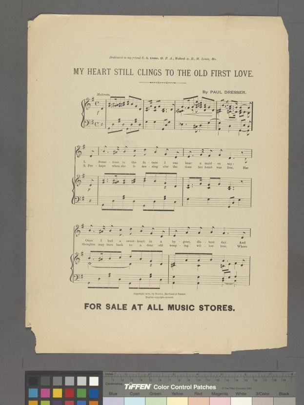 Ein Blatt Papier mit dem Text "Mein Herz hängt noch an der alten ersten Liebe" und Musiksymbolen, mit Farboptionen unten.