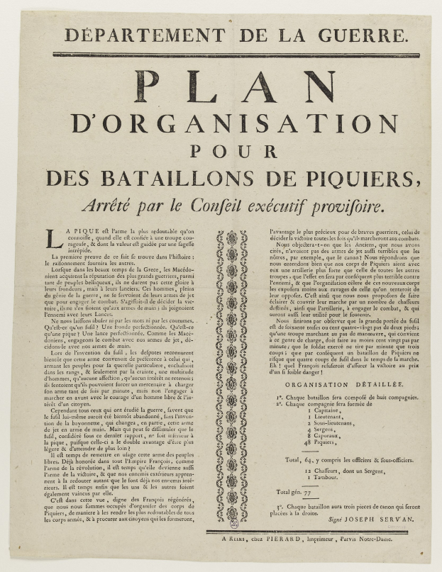 Dokument mit dem Titel "Plan d'Organisation pour des Batailons de Piquiers, Arreté par le Conféil Executif Provifoire", das einen Plan zur Organisation der Schlacht von Piquier enthält.