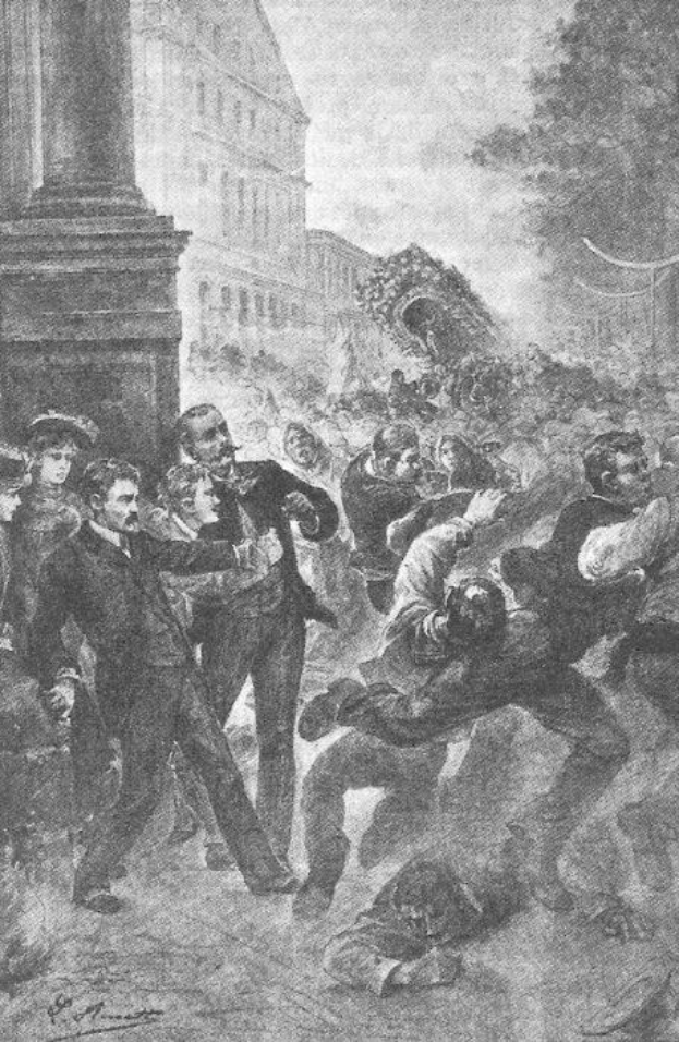 Schwarz-weiß-Zeichnung einer Gruppe von Menschen auf einer Straße mit einer Säule, Bäumen und einem Gebäude im Hintergrund, beschriftet mit "Victor Hugo Münster - Die Massaker von London" unten.