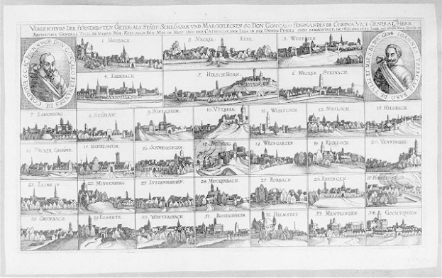 Ein Schwarz-Weiß-Zeichnung von Köln, Deutschland, mit zahlreichen Gebäuden, begleitet von Text und Bildern zur Geschichte der Stadt.