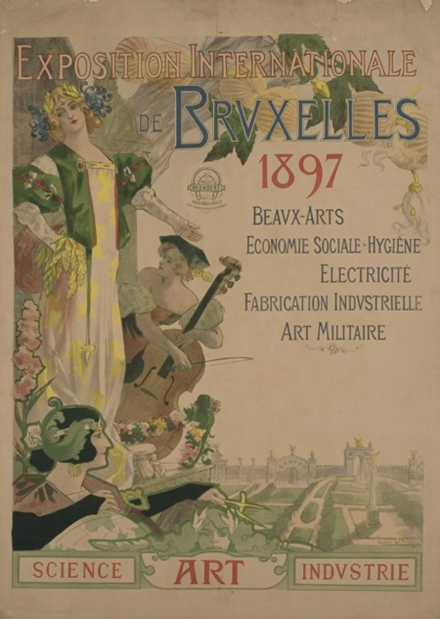 Plakat für die Internationale Ausstellung Brüssel 1897 mit einer zentralen Figur mit menschlichem Gesicht und Text mit Ausstellungseinzelheiten.
