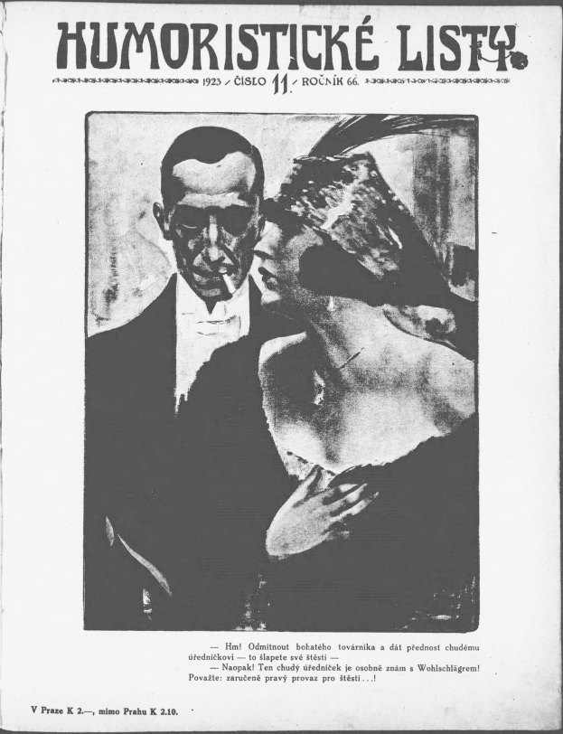 Schwarz-weißes Magazin-Cover mit der Aufschrift 'Humoristische Liste', das einen Mann in Anzug und eine Frau mit einem spöttischen Gesichtsausdruck zeigt.