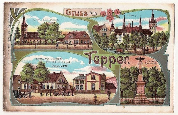 Schwarz-weiß-Postkarte, die eine deutsche Stadt mit Gebäuden, Bäumen, Menschen, Wagen, einer Statue, einem Zaun und einem bewölkten Himmel zeigt, mit handgeschriebener Text auf der Vorderseite.