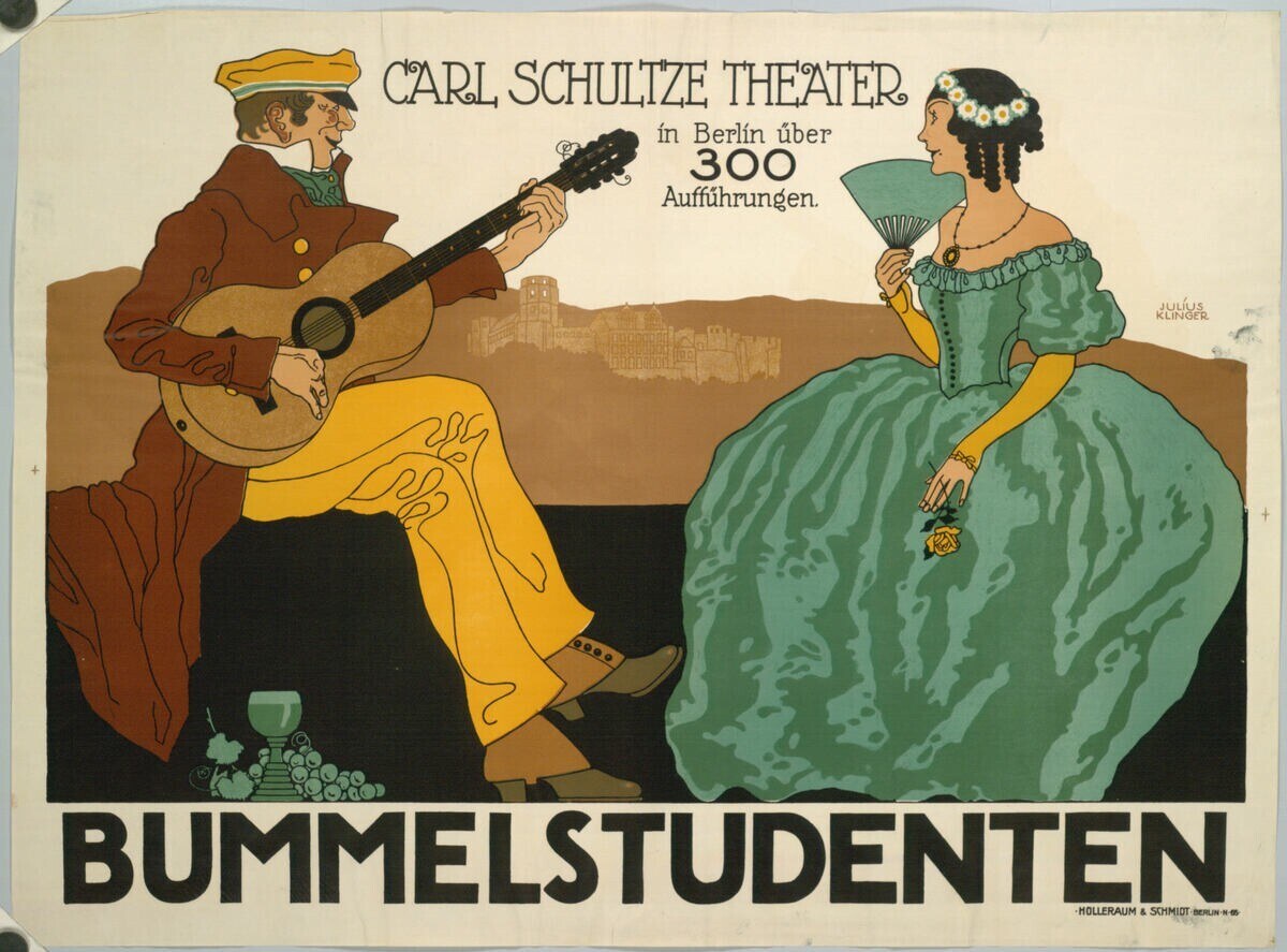 Plakat für ein Konzert im Carl-Schulze-Theater in Berlin mit einem Mann, der Gitarre spielt, und einer Frau, die einen Fächer hält.