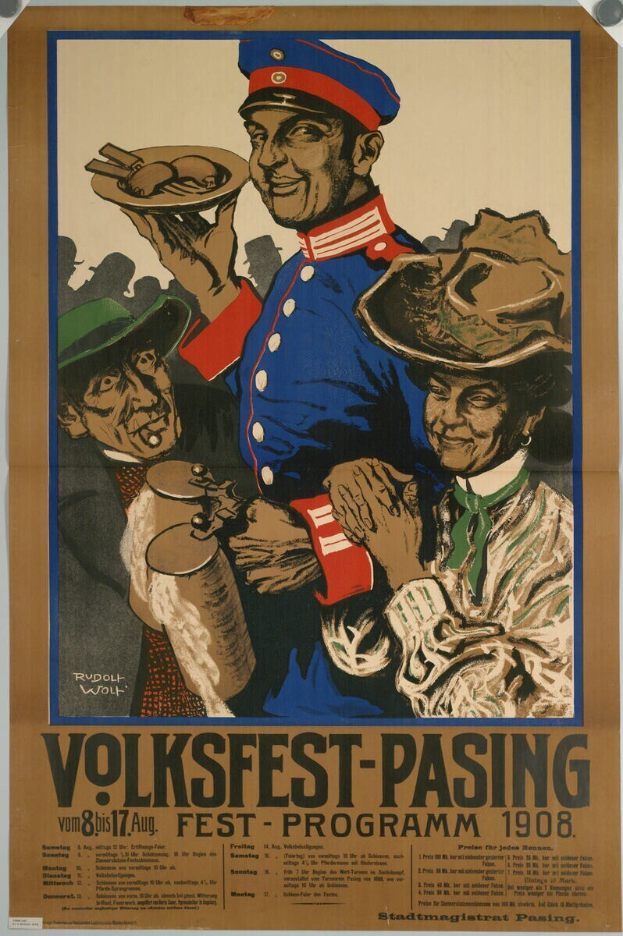 Plakat für das Volksfest-Pasing-Fest 1908 mit einem Mann in rot-weiß gestreiftem Hemd und einer Frau in blauem Kleid, die nebeneinander stehen, vor einem hellgelben Hintergrund mit schwarzer Schrift.