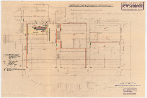 Schwarz-weißes Architekturzeichnung des Rosenhof-Krankenhauses in Hamburg, Deutschland, zeigt detaillierte Grundrisse mit beschrifteten Räumen, Fluren und ausföhrlichem Kabelgewirr.