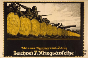 Deutsches Propagandaplakat aus dem Zweiten Weltkrieg, das bewaffnete Soldaten in Helmen mit dem Text "Wiener Kommmerzial Bank" unten zeigt.